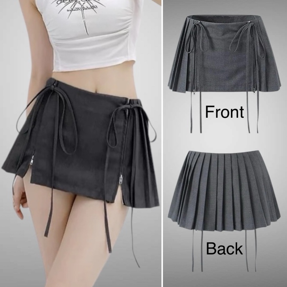 Stylish Gray Pleated Low Waisted Mini Skirt With Zipper Front And Pleated Back-L